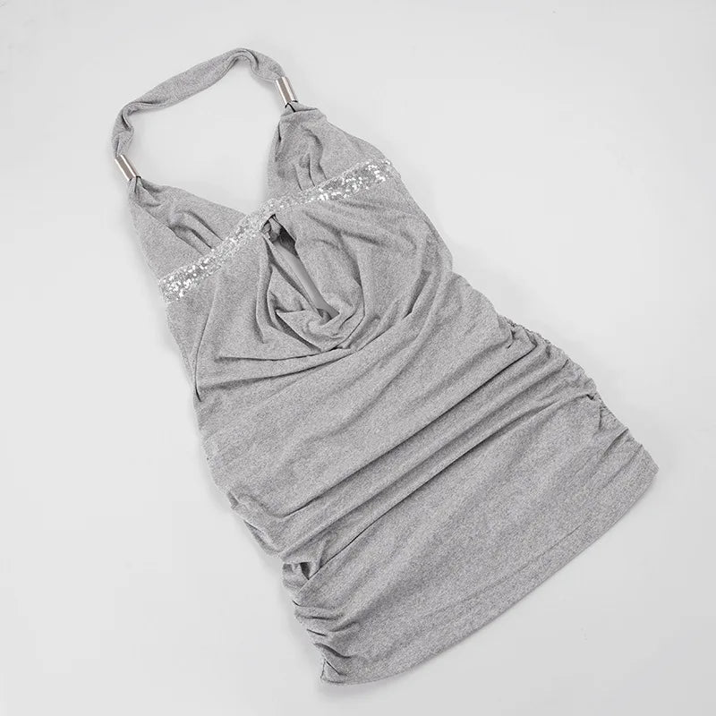 BKLD Sexy Spicy Girl Style Slim Fit Backless Halter Dress New V-Neck Sleeveless Solid Color Short Dresses Party Women Clothing