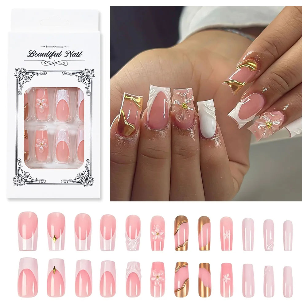 24Pcs Sweet Medium Square French False Nails Blush Pink Flower Full Cover Fake Nails Extension Acrylic Wearable Press on Nails
