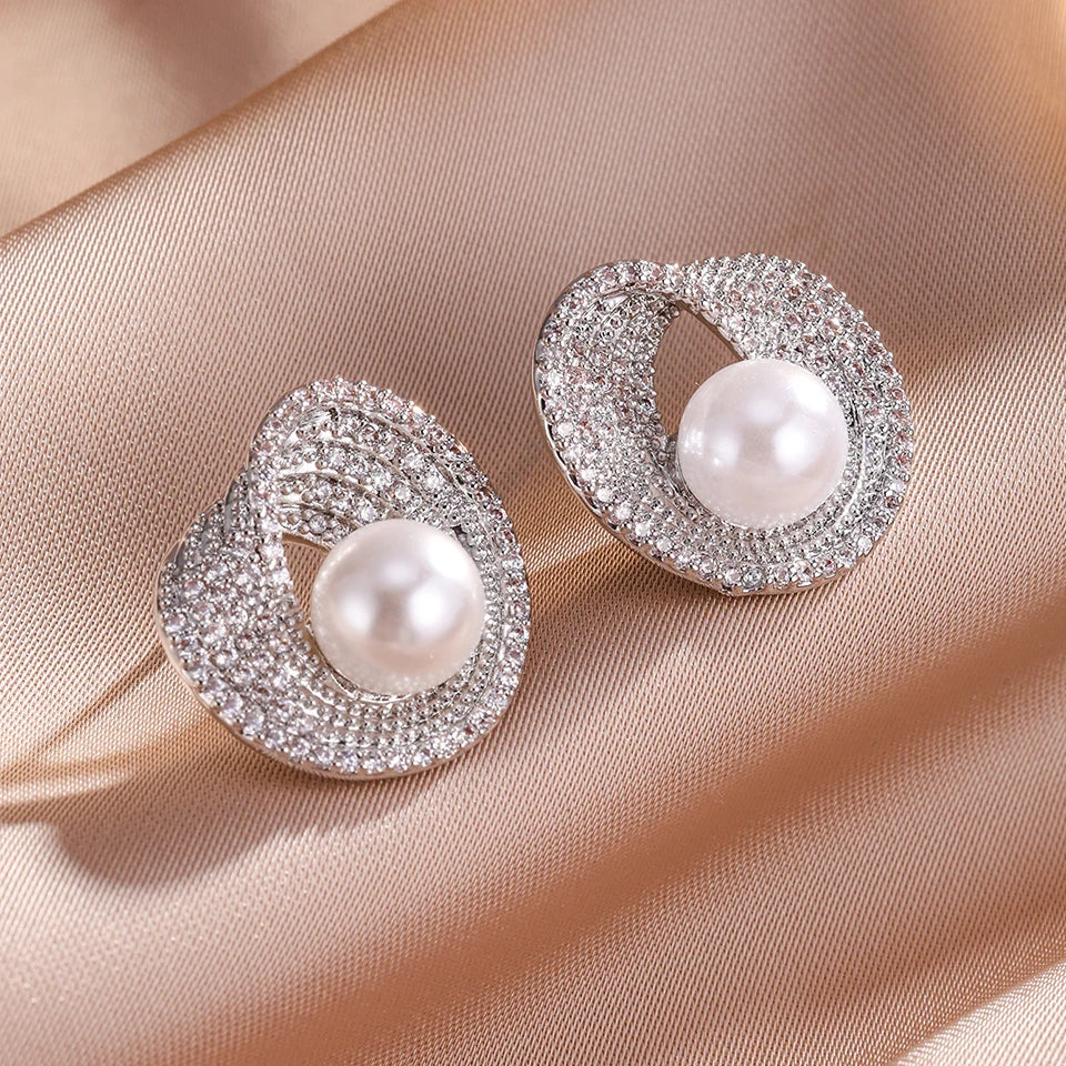 ZAKOL Luxury AAA Zircon Round Pearl Earrings for Women Irregular Stud Earring Temperament Wedding Party Jewelry