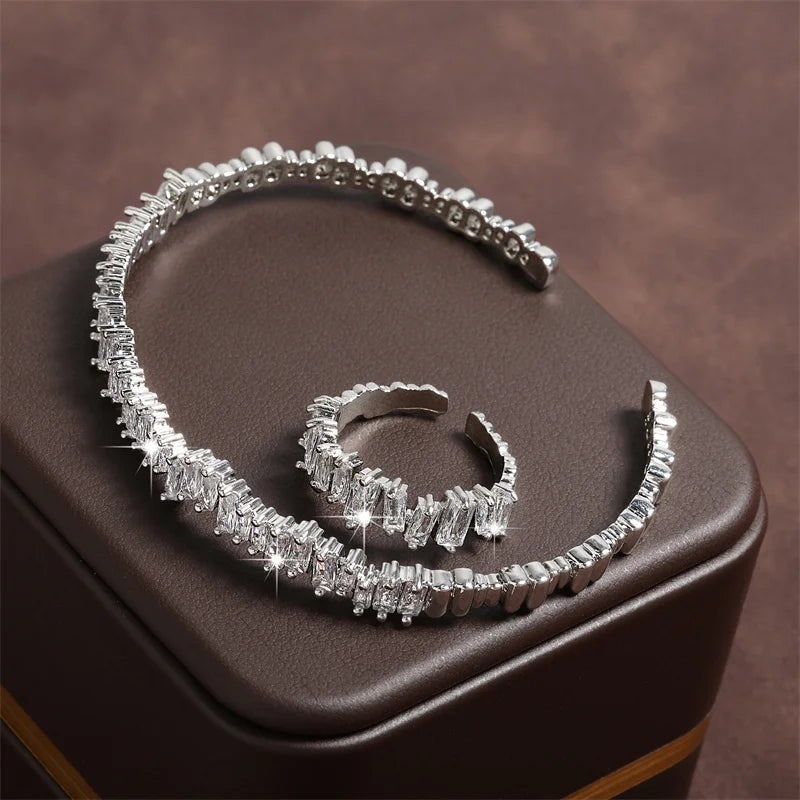 ZAKOL Fashion Adjustable Open Bangle Ring Wedding Jewelry Sets for Women Elegant Shiny AAA Cubic Zirconia Accessories Gift