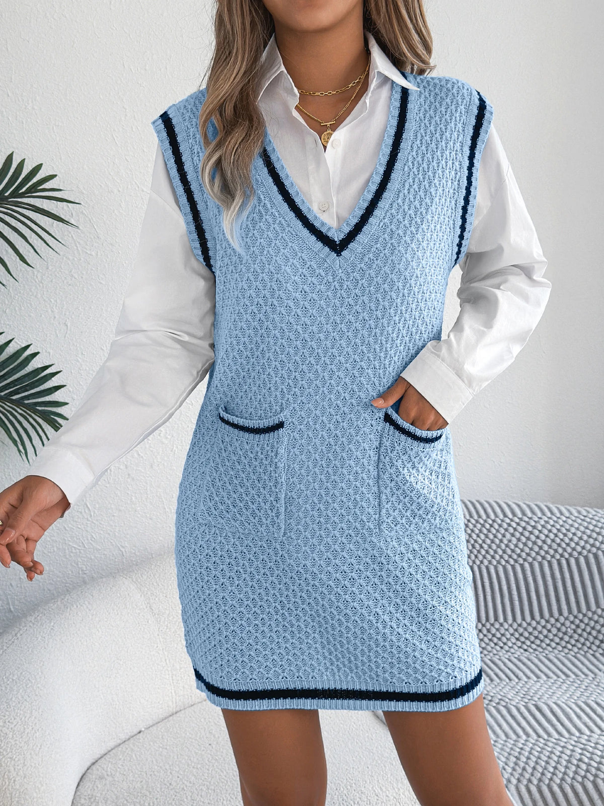 Elegant V Neck Sleeveless Striped Knit Sweater Dress with Pocket for Autumn Winter 2026 Fashion Preppy Style Vest Mini Dresses