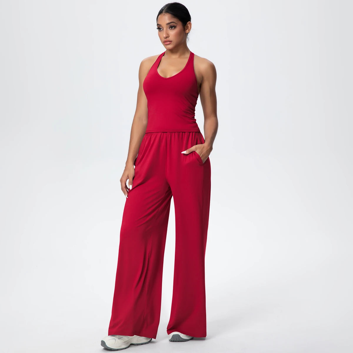 Breathable Loose Wide Leg Pants and Yoga Vest Set Solid Color High Stretch Pockets Pants Beautiful Back T-shaped Vest Yoga Suit