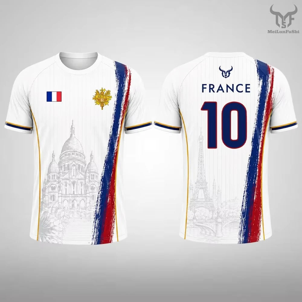 New France Flag Print Soccer Jersey Family Style for Adults Kids Outdoor Casual Breathable Short Sleeve Top for Sports Fitness
