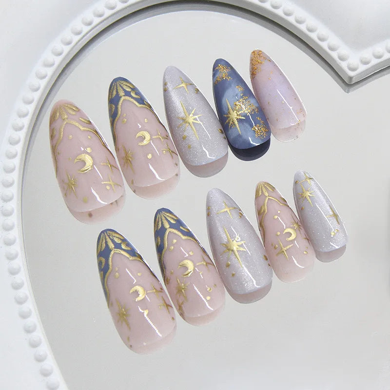 24Pcs Short Almond Nails Set Full Cover Star Moon Wave French Glitter Press on False Nails with Jelly Glue Detachable Nail Art