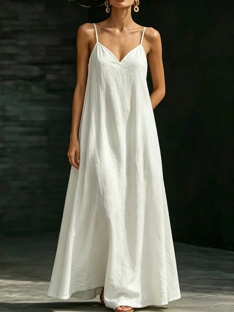 Women Linen Spaghetti Strap Maxi Dress V Neck Loose Swing Long Dress With Pockets Casual Summer Beach Vacation Sundress Ladies