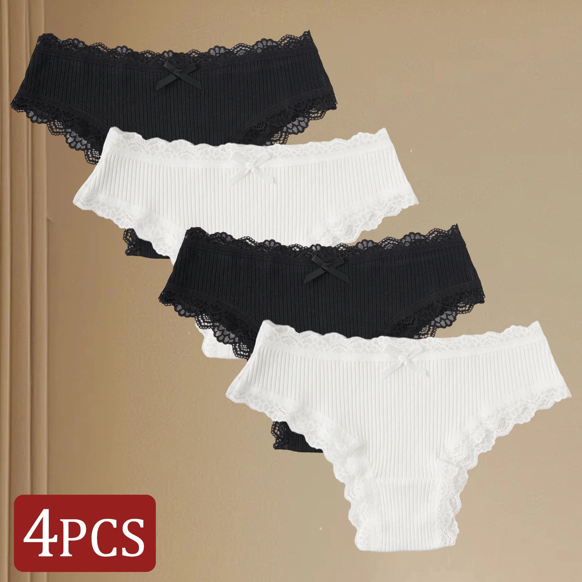 4PCS/Set Seamless Lace Trim Underwear Women's Sexy Low Waist Panties Solid Color Ribbed Cotton Briefs Breathable Daily Lingerie