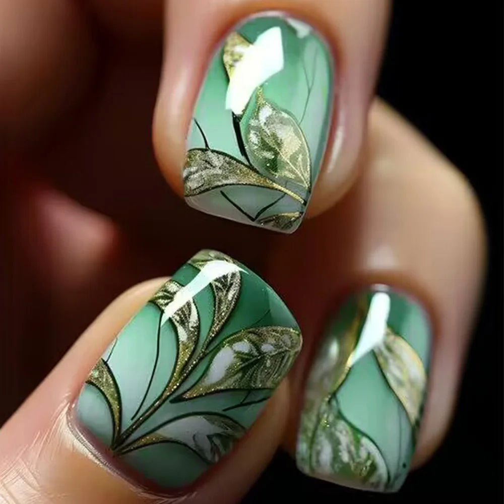 24Pcs Cute Green Short Square False Nails with Glue Flora Nail Art Glossy Simple Full Cover Press on Wearable Nail Manicure Tips