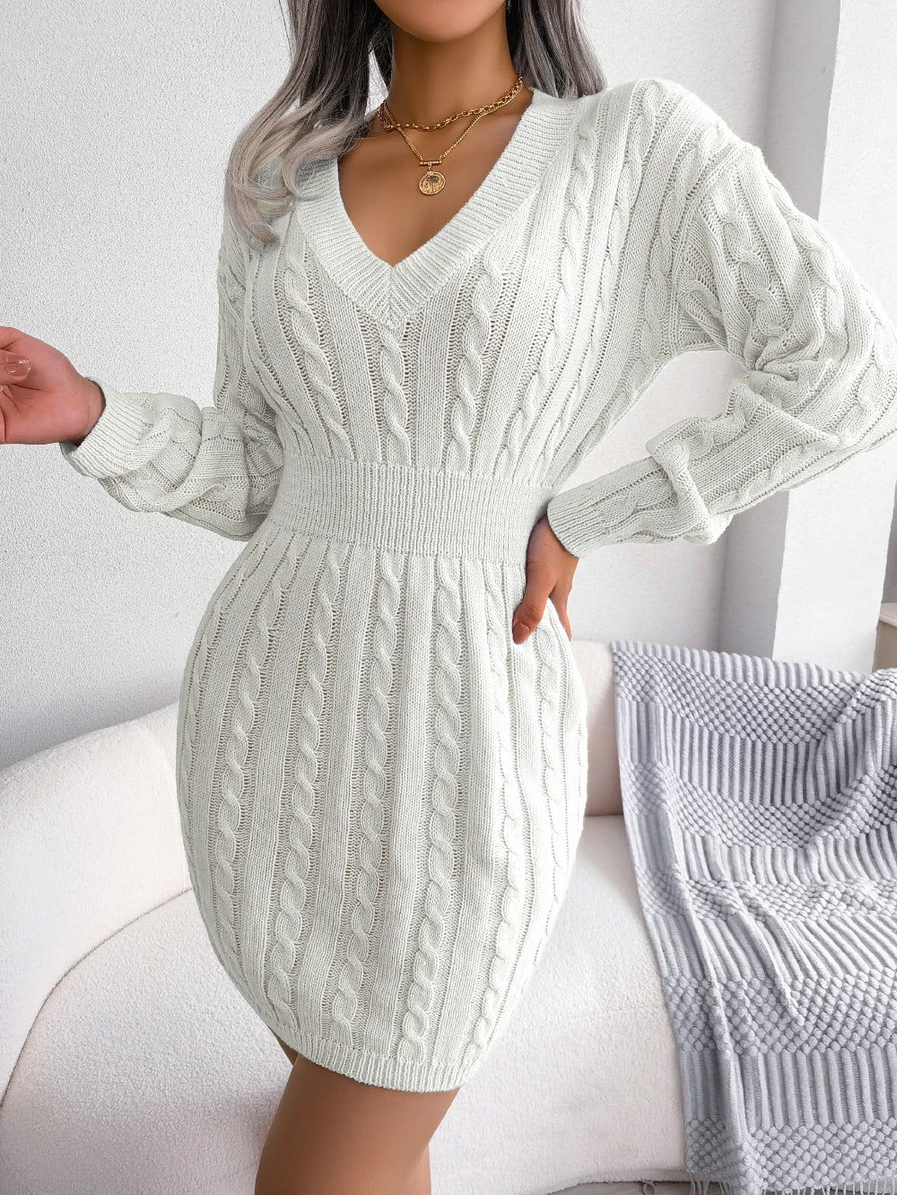 Autumn Winter Casual Knitted Sweater Dress for Women 2026 Elegant V Neck Long Sleeve Slim Waist Mini Dresses White Blue Khaki
