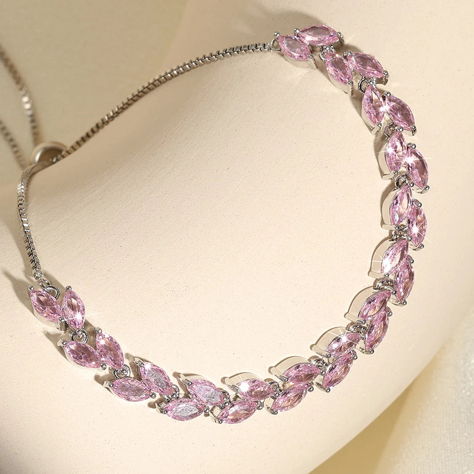ZAKOL Shiny Pink Marquise Leaf Zircon Adjustable Charm Bracelet for Women Exquisite Wedding Engagement Jewelry New Colors