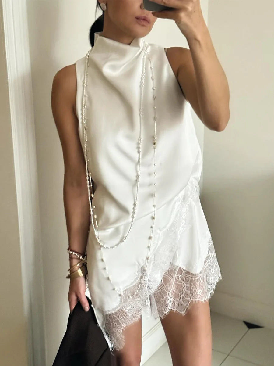 BKLD Fashion Lace Patchwork Turtleneck Vest 2026 Summer New Irregular Vest Satin Sleeveless Tops Streetwear Clothes For Women