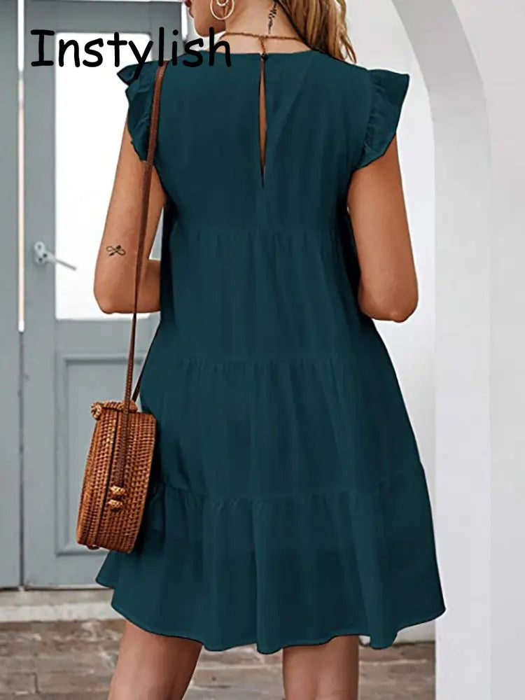 Women Elegant Ruffle Mini Dress Casual Solid O Neck Beach Party Sundress Simple Chic Loose Short Dress Vintage Harajuku Vestido