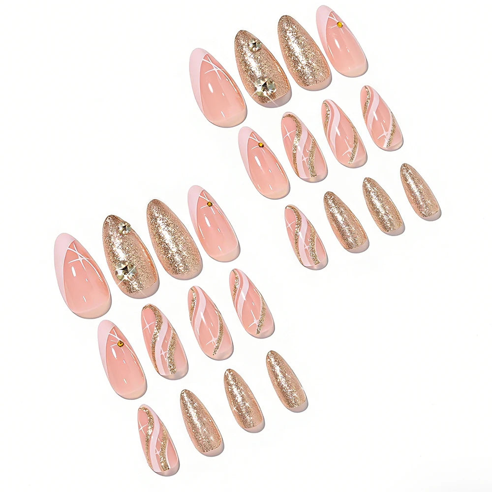 24pcs Glitter Medium Almond Full Cover Fake Nails Golden Irregular Line French False Nails with Diamond Design Press on Nails