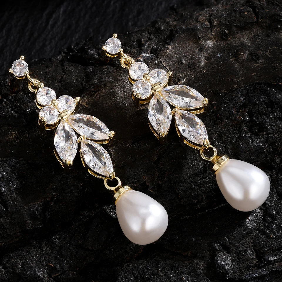 ZAKOL Luxury Teardrop Imitation Pearl Bridal Earring for Women Elegant AAA Cubic Zirconia Earring Wedding Accessories