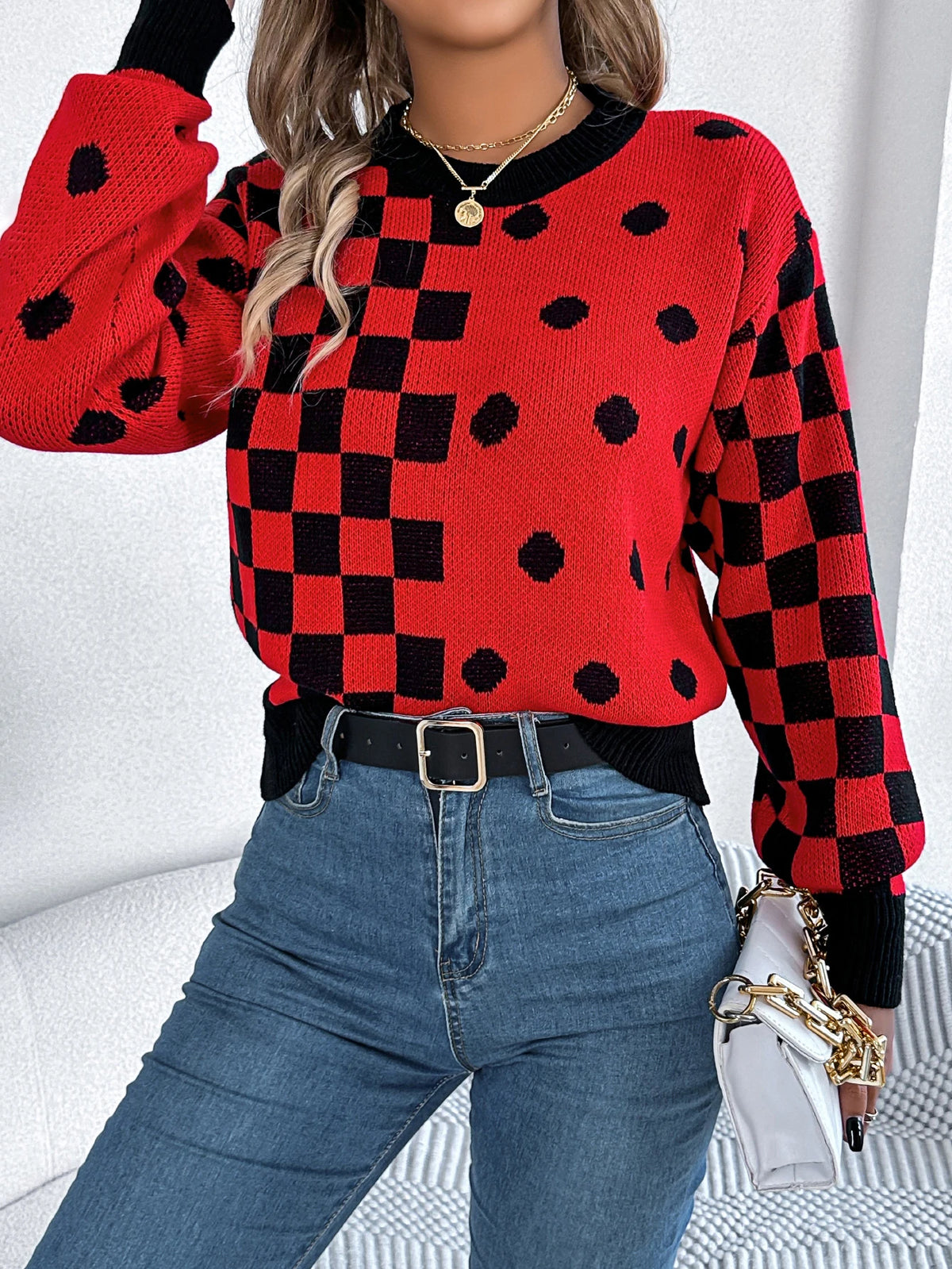  Autumn Winter Casual Contrasting Grid Dot Long Sleeve Knitted Pullover Fashion New Year and Christmas Sweater Women Clothes