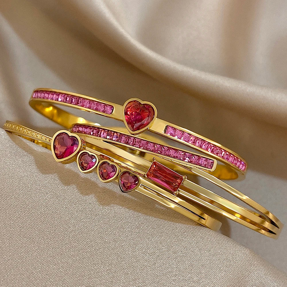 Flashbuy 3Pcs/Set 316L Stainless Steel Women's Bangles New Design Rose Red Love Heart Bracelets Waterproof Fashion Jewelry Gift