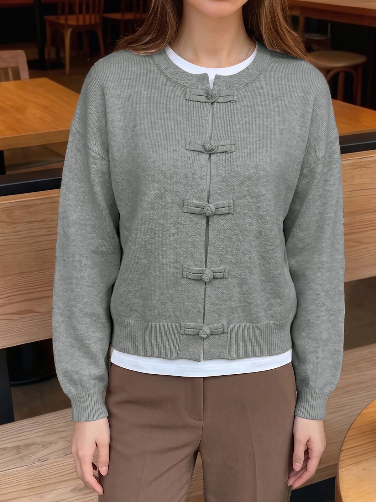 Women Vintage Knitted Sweater Causal Long Sleeve O-Neck Soft Warm Chinese Style Buckle Cardigan Female Autumn Winter Outerwear