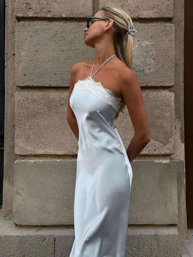 Summer Vacation Sexy Satin Halter Neck Slim Maxi Dress Casual Lace Up High Waist Lace Patchwork Dresses Female Chic Streetwear