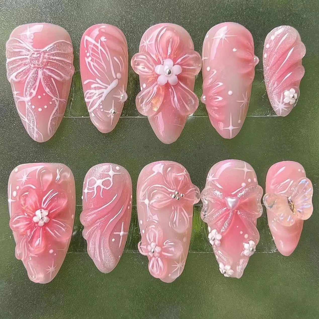 Sweet Pink Almond Press-On Nails with Bow & Heart – 24PCS