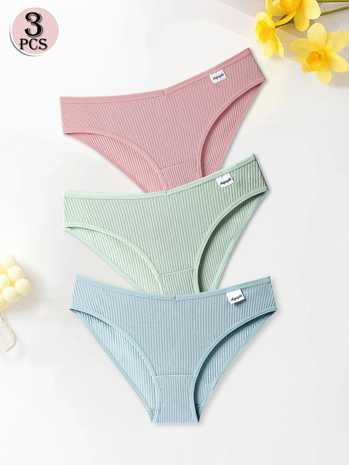 3PCS Women Cotton Panties Underwear Fresh Style Solid Color Striped Underpants Girls Comfortable Breathable Briefs Lingerie