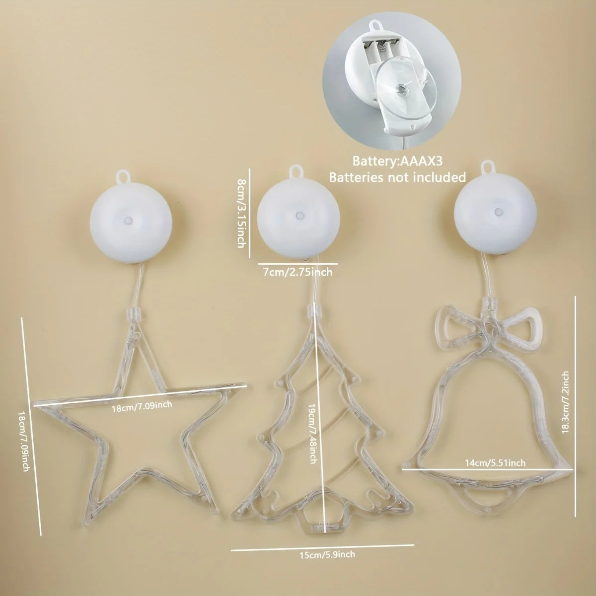 3-Pack Christmas Suction Cup Window Lights, with Three Styles: Bell, Christmas Tree, and Star. Christmas Lights, String Lights
