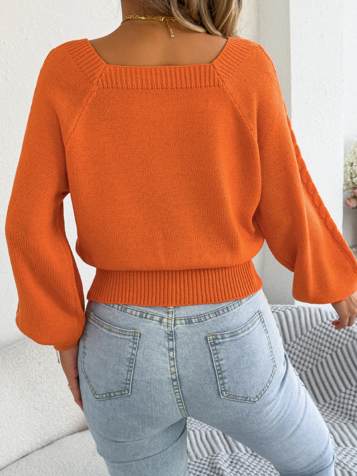 2026 Fashion Woman Sweaters for Autumn Winter Solid Color Square Neck Lantern Long Sleeve Twist Knitted Pullover Tops White Red