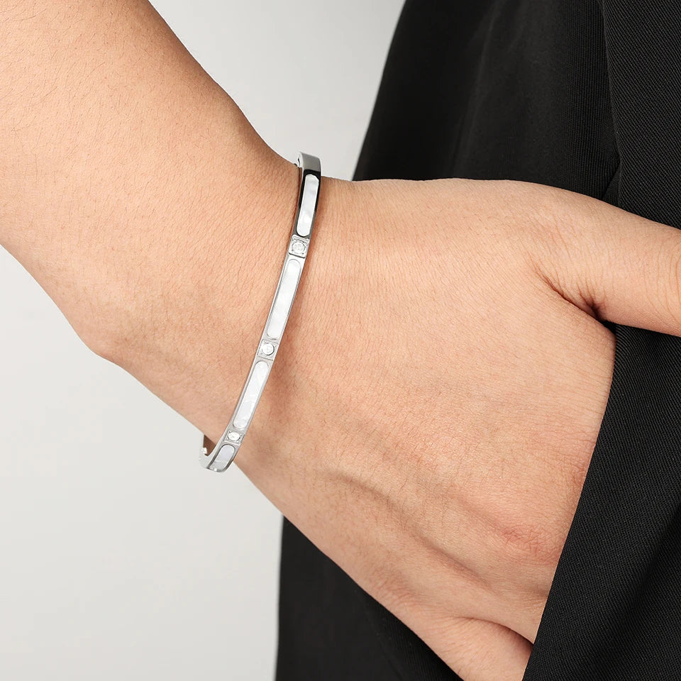 ZAKOL Niche Design White Fritillary Shell Stainless Steel Bracelet for Women Fashion Inlaid Zirconia Daily Bangle Jewelry Gift