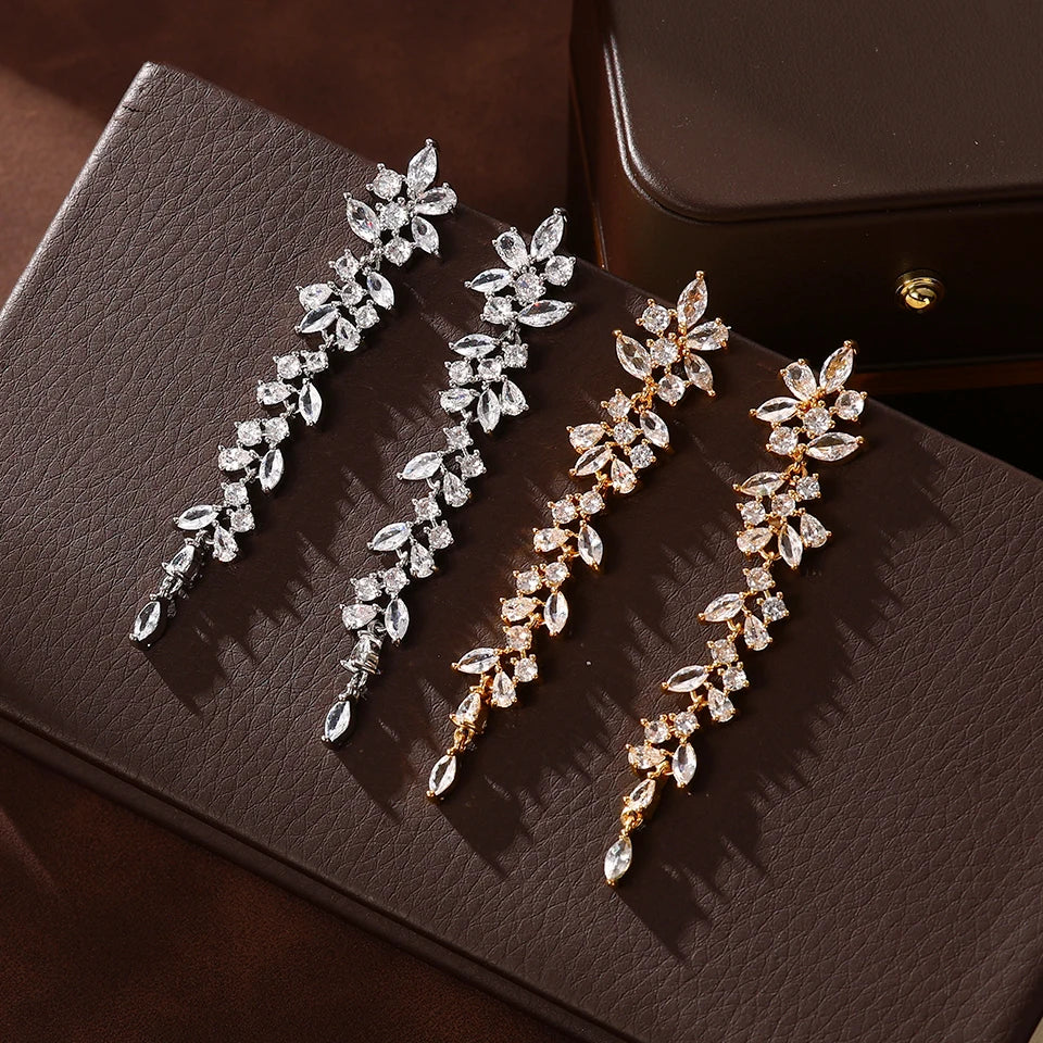 ZAKOL Fashion Cubic Zirconia Leaf Long Dangle Earrings for Elegant Women White Leaves Drop Earring Bridal Wedding Jewelry