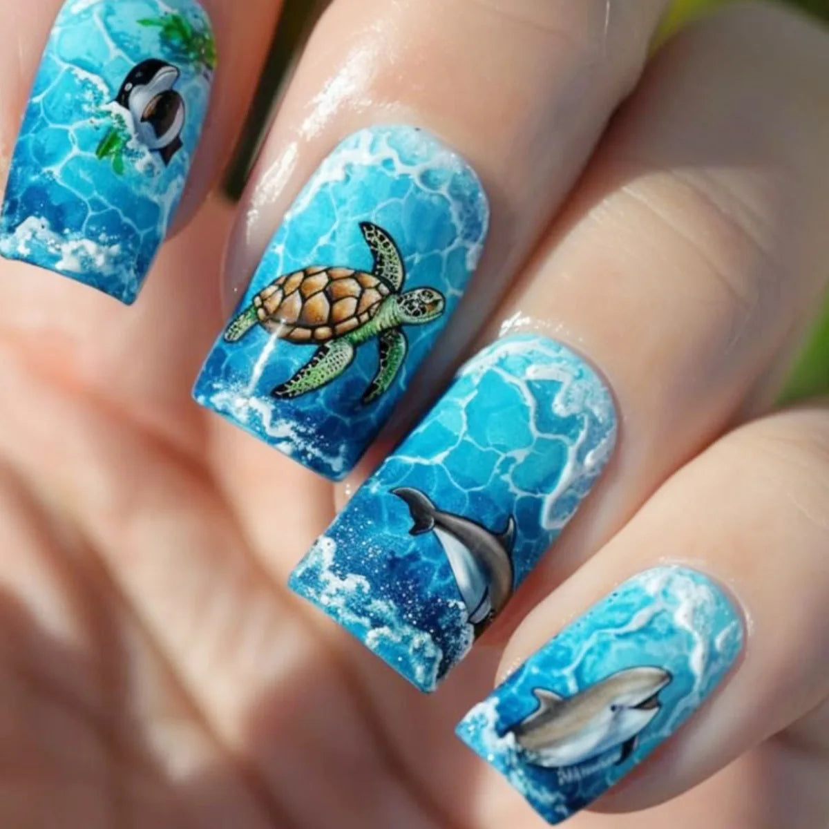Medium fake nails for women gilrs gradient blue ocean sea tortoise shark design Square ballet nail tips press on false nail art