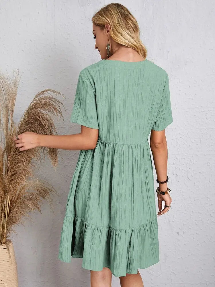 Women Elegant V Neck Ruffles Mini Dress Summer Vintage Solid Loose Sundress Bohemian Casual Solid Beach Party Vestidos