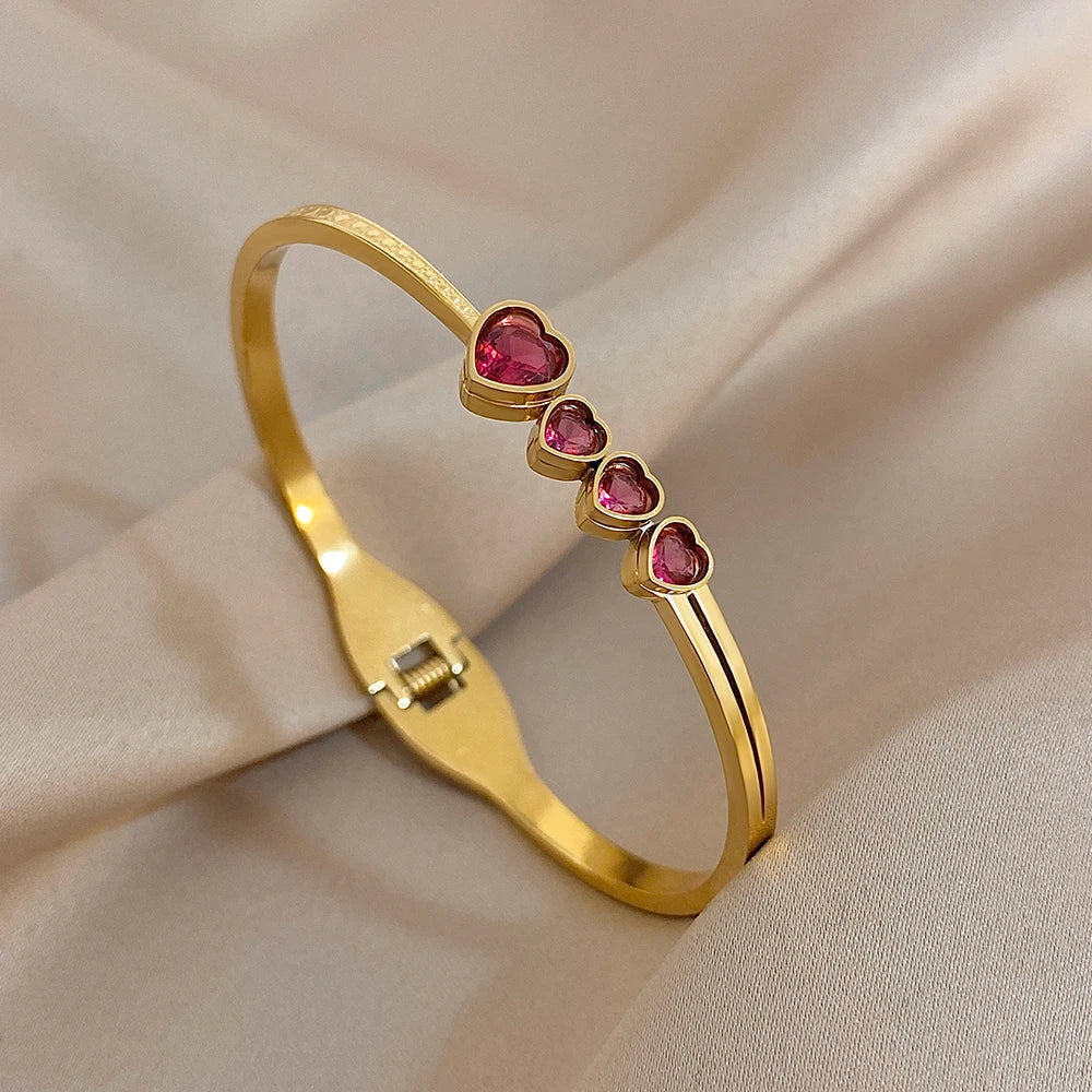 Flashbuy 3Pcs/Set 316L Stainless Steel Women's Bangles New Design Rose Red Love Heart Bracelets Waterproof Fashion Jewelry Gift
