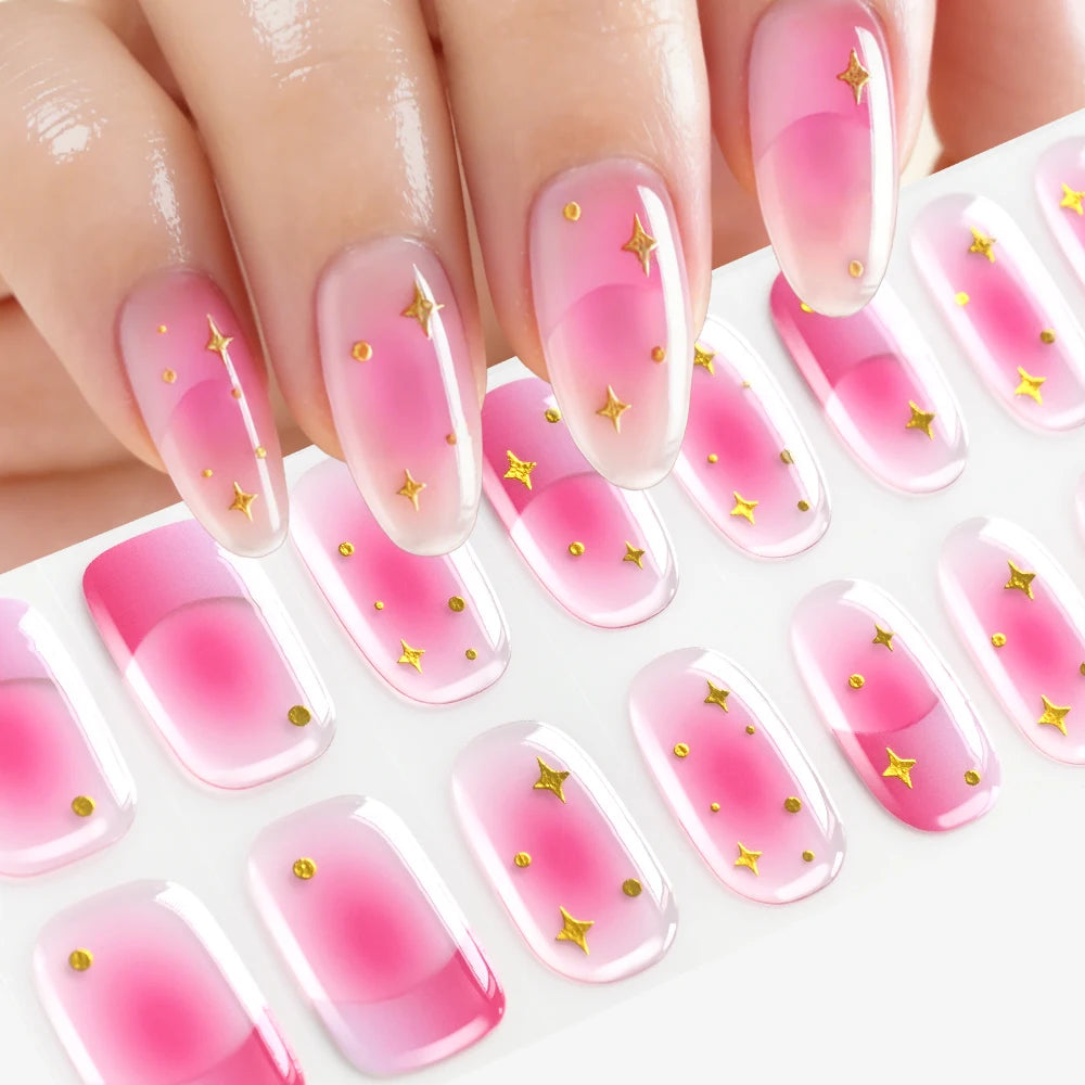 16Tips Gradient Semi Cured Gel Nail Strips Blush Flower Design Full Wrap Nail Decals French Gold Lines Gel Nail Polish Sticker
