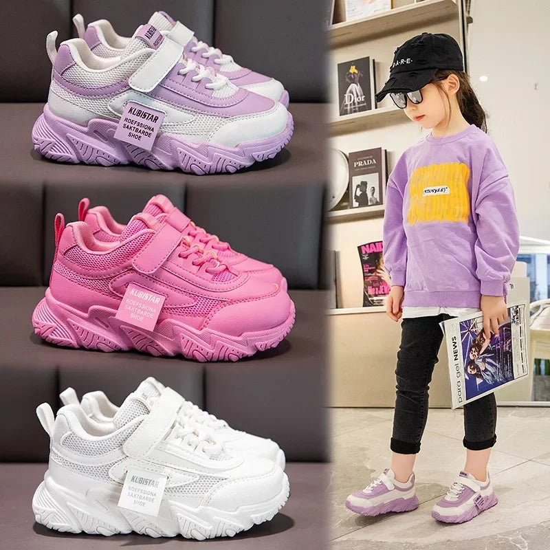 Spring New Kids Sneakers 2025 PU Girls Casual Mesh Solid Pink Light Boys White Hook & Loop Children Non-slip Sports Shoes
