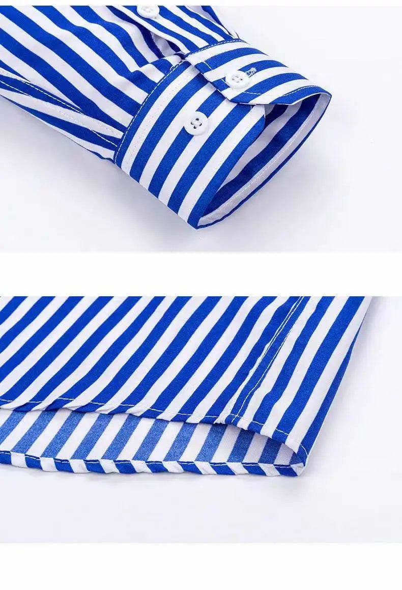 Mens Dress Shirts Striped Long Sleeve Plaid Checked Shirt Smart Casual Business Non-Ironing Korean Slim Fit Formal Blue White