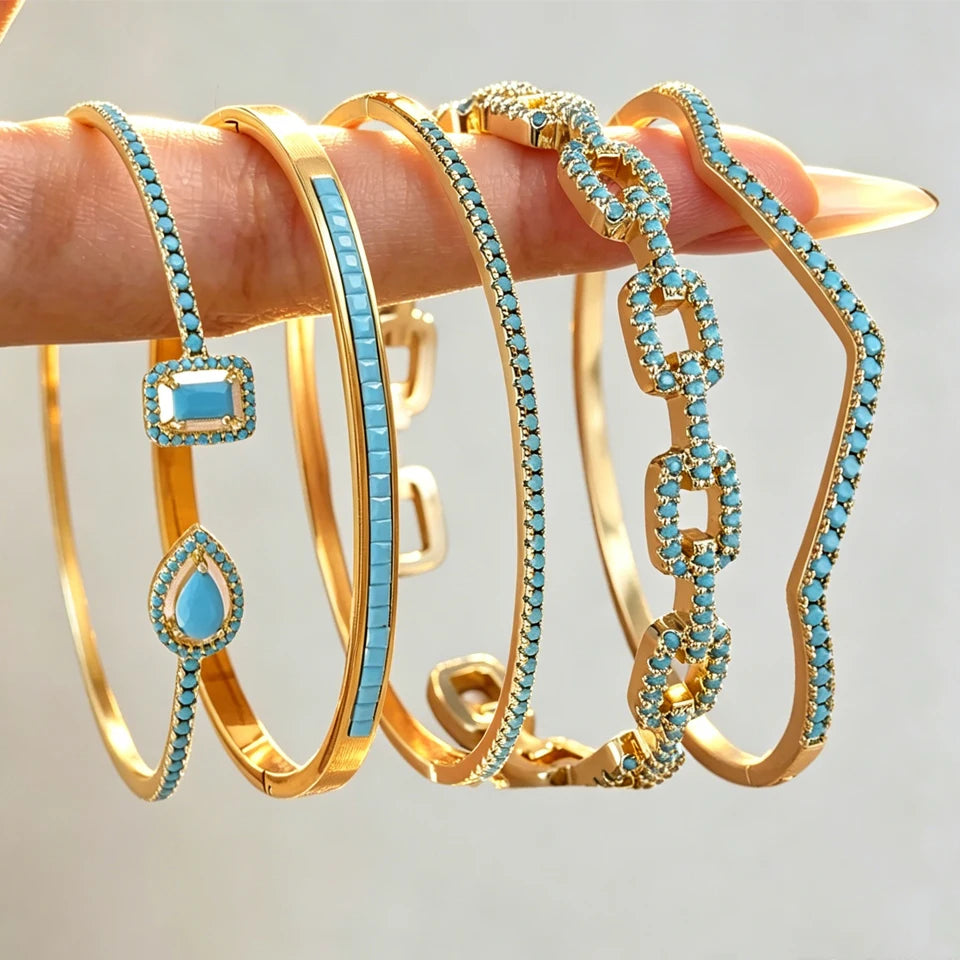 ZAKOL 5pcs Niche Design Blue Turquoise Zircon Stackable Bracelets for Women Exquisite Elegant Wedding Party Jewelry Gifts