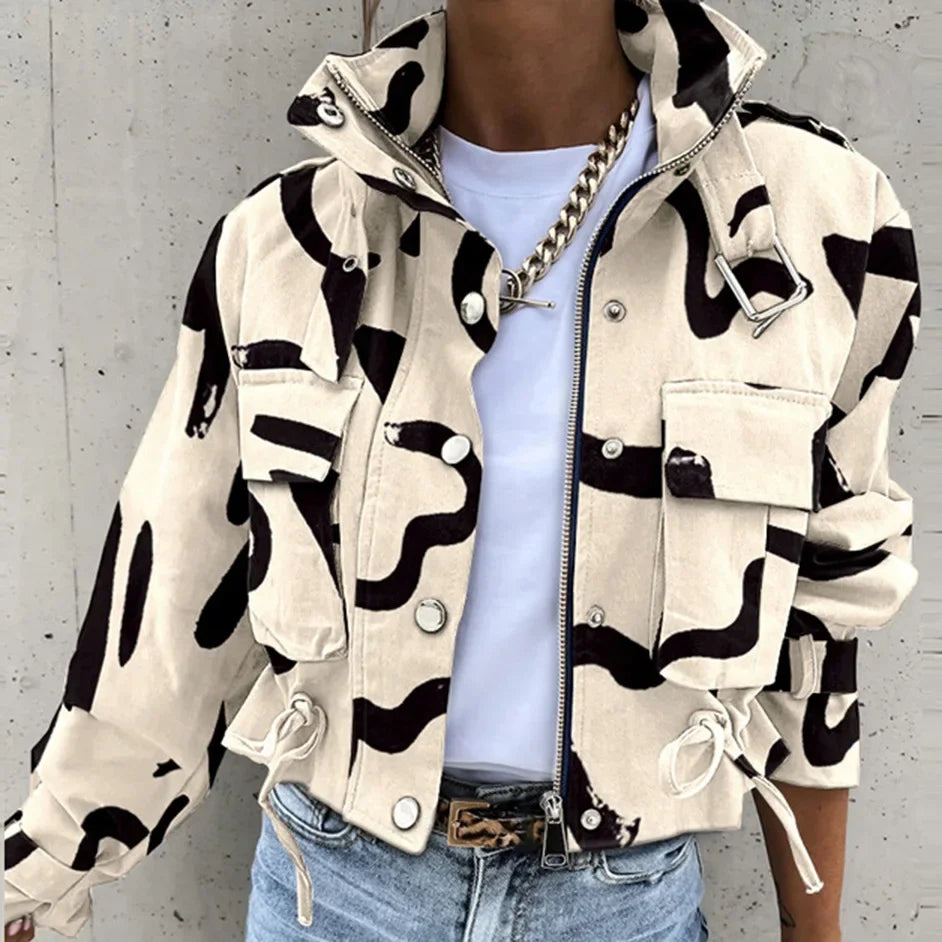 Women Cropped Cargo Jacket Stand Collar Zip Button Long Sleeve Coat Multi Pocket Drawstring Streetwear Casual Short Outerwear
