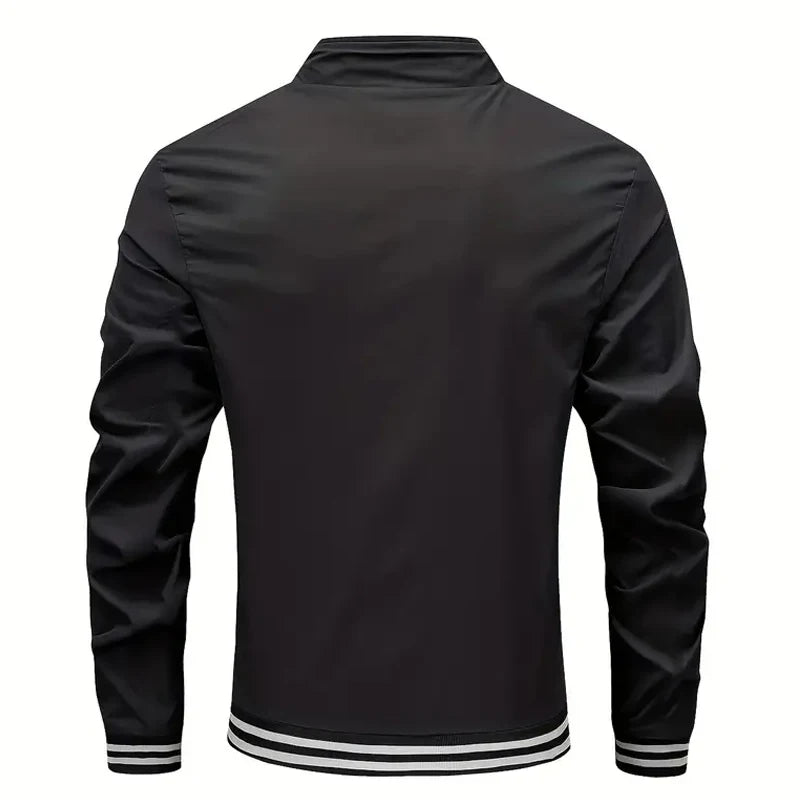 Autumn Winter Men's Long-sleeved Zipper Stand Collar Jacket Non-fleece 100% Polyester Fiber Collar Striped Design Casual Jacket