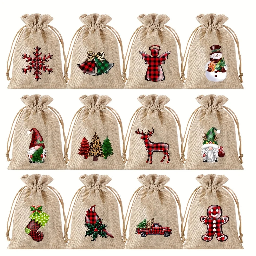12Pcs Retro Red Truck Christmas Drawstring Pockets, Various Christmas Element Carriers, Painted and Printed Fabric Small Bags