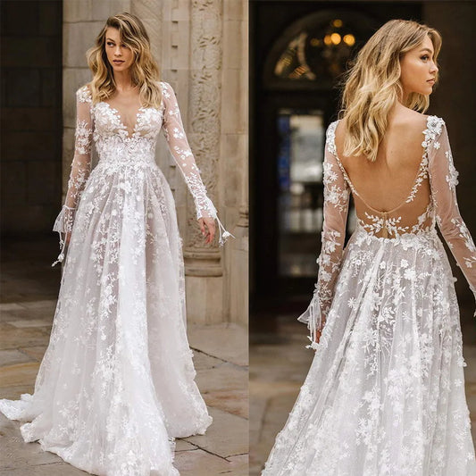BKLD Summer 2026 New Fashion Wedding Dress Women Clothing Sexy Lace Long Sleeve Dress V-Neck Backless Party Evening Dress