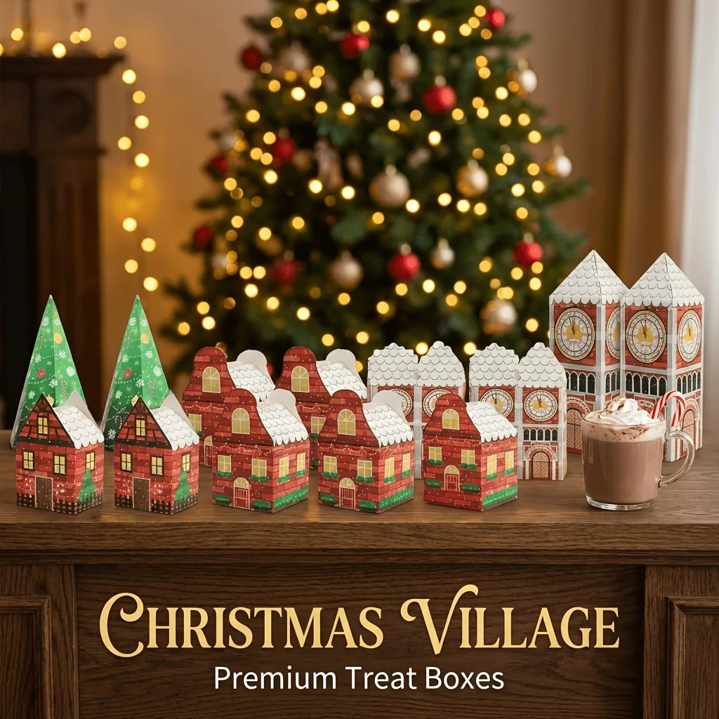 24pcs Christmas Village Paper Gift Boxes, House And Clock Tower Shaped Xmas Decorative Gift Containers,for Christmas Party Decor