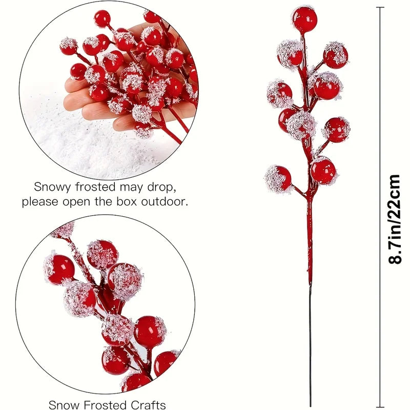24 artificial red berries branches with snow frost branches - for Christmas trees, garlands,DIY, crafts,Christmas gift packaging