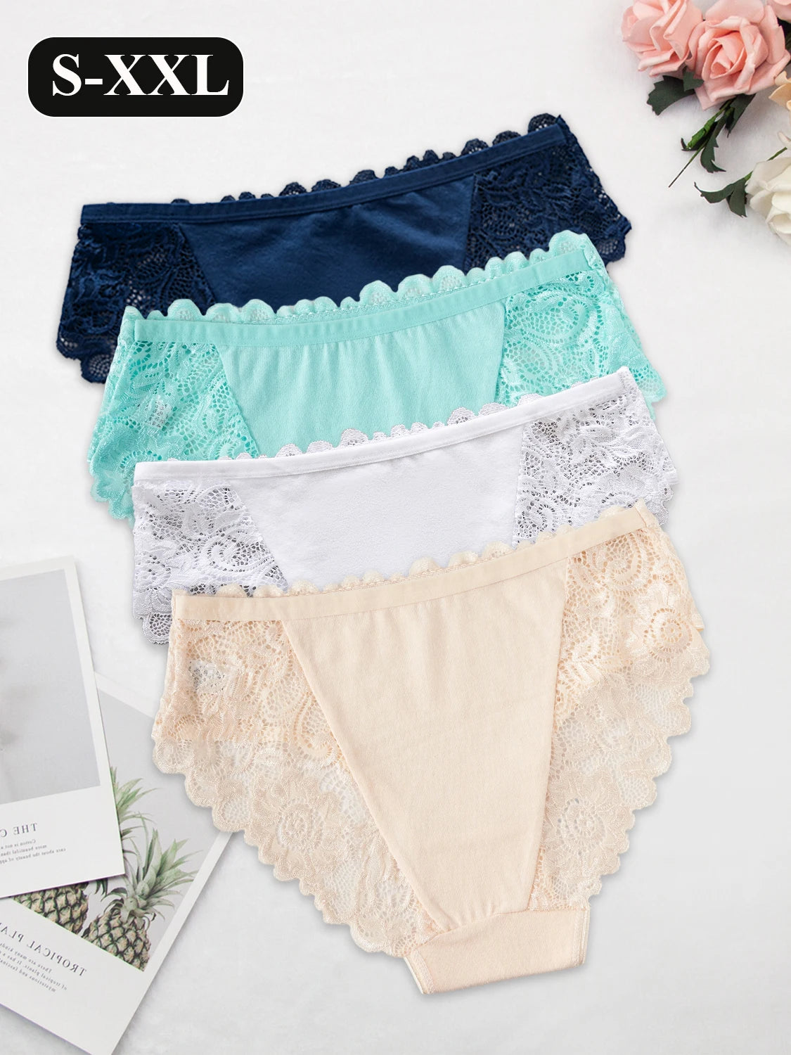 5PCS Romantic Sexy Women's Panties Hollow Out Lace Floral Underwear Breathable Solid Color Mid-Rise Briefs Cotton Lingerie Hot