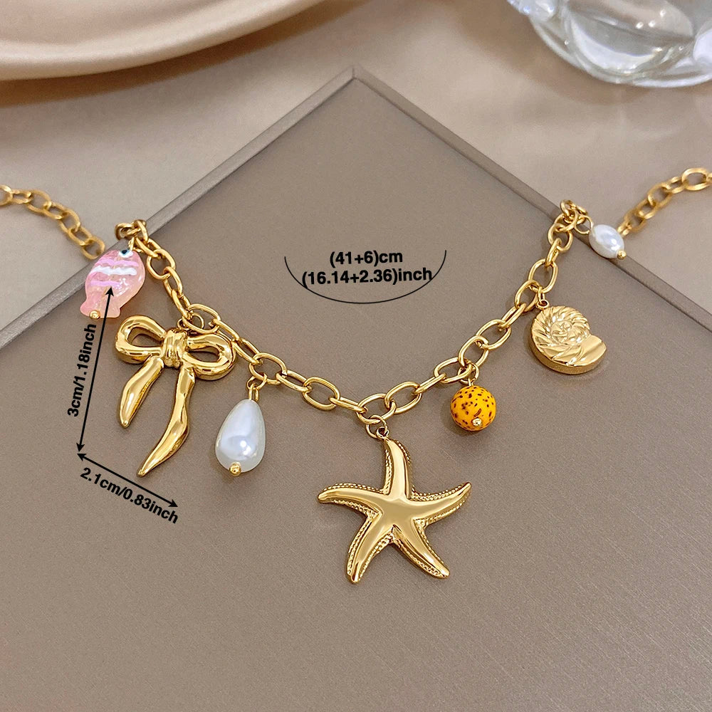 Flashbuy Beach Ocean Style Women's Necklace Sea Star Sea Turtle Sea Conch Charm Stainless Steel Necklace Waterproof Jewelry