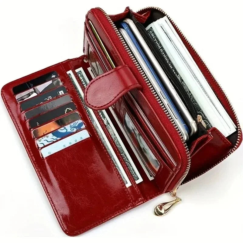 Vintage Oil Wax PU Leather Clutch Wallet for Women Large Capacity Phone Purse with Wrist Strap Simple Card Holder Pouch Bag