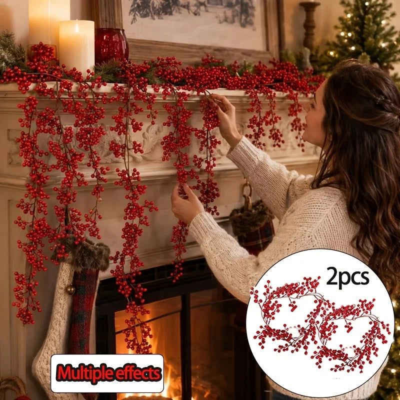 1PC Christmas Red Berry Vine Garland, Bendable Artificial Fruit Rattan,Winter Holiday Fireplace Staircase Hanging Decor for Home
