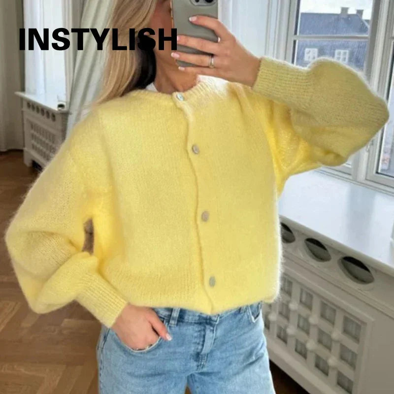 Women Mohair Knit Cardigan O Neck Elegant Lantern Long Sleeve Oversized Loose Fluffy Sweater Coat Autumn Winter Casual Knitwear