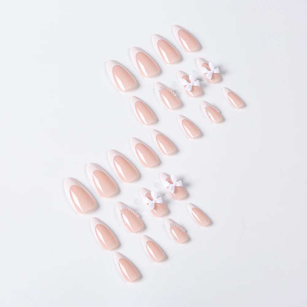24Pcs Pearl Bow Press On Nails White Bowknot French Almond Fasle Nails Wearable Full Cover Fake Nails Tip for Girls Women