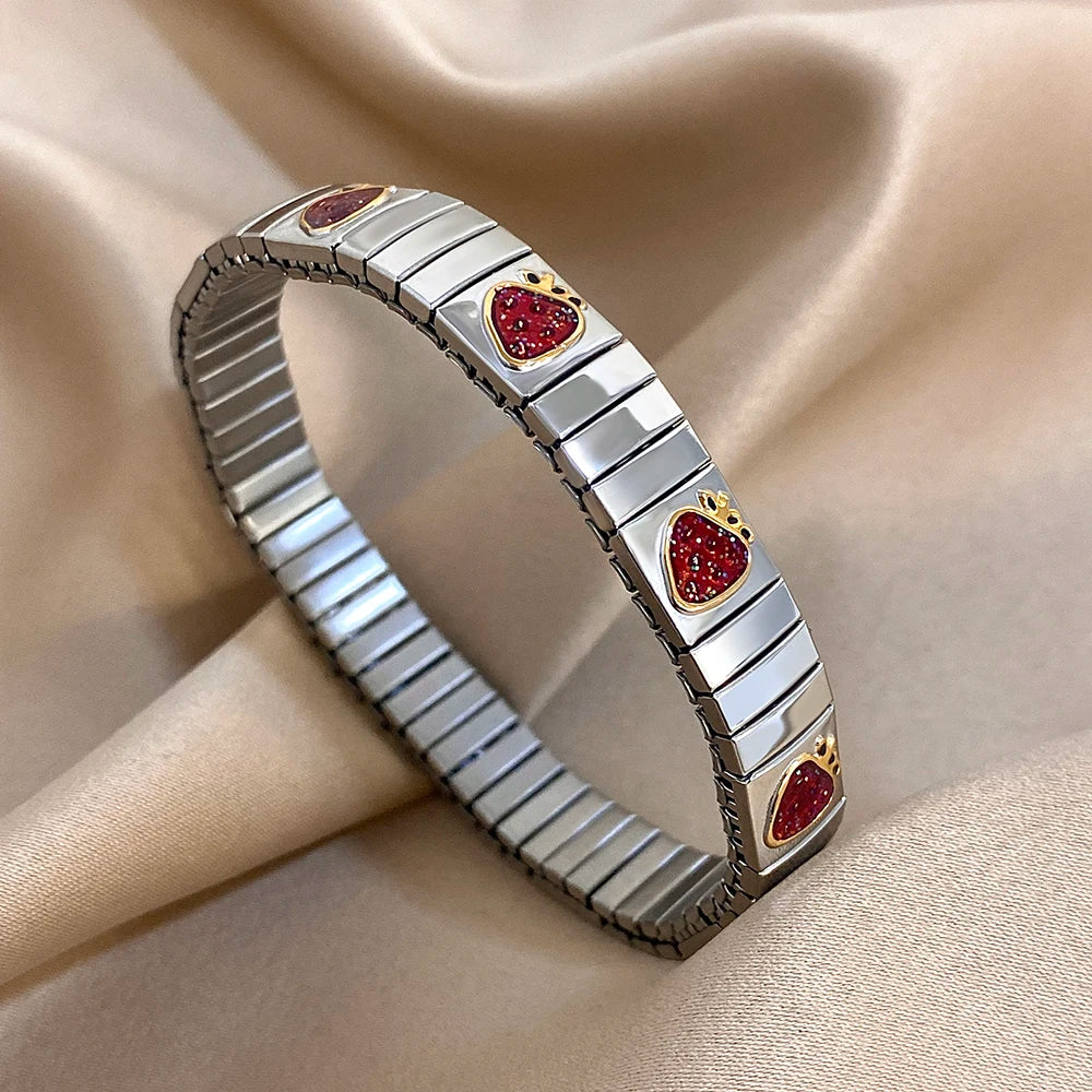 316L Stainless Steel Gold Color Strawberry Cherry Elastic Bangle Bracelet For Women Men Statement New Trend Wrist Jewelry Gift