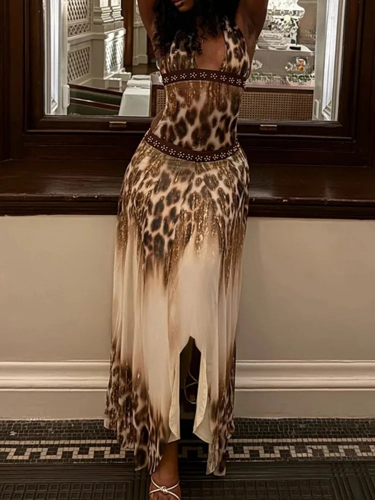 Summer Vacation Sexy Leopard Print Halter Maxi Dress Elegant Deep V Hollow Out Low-Waist Irregular Beach Dress Lady Party Outfit