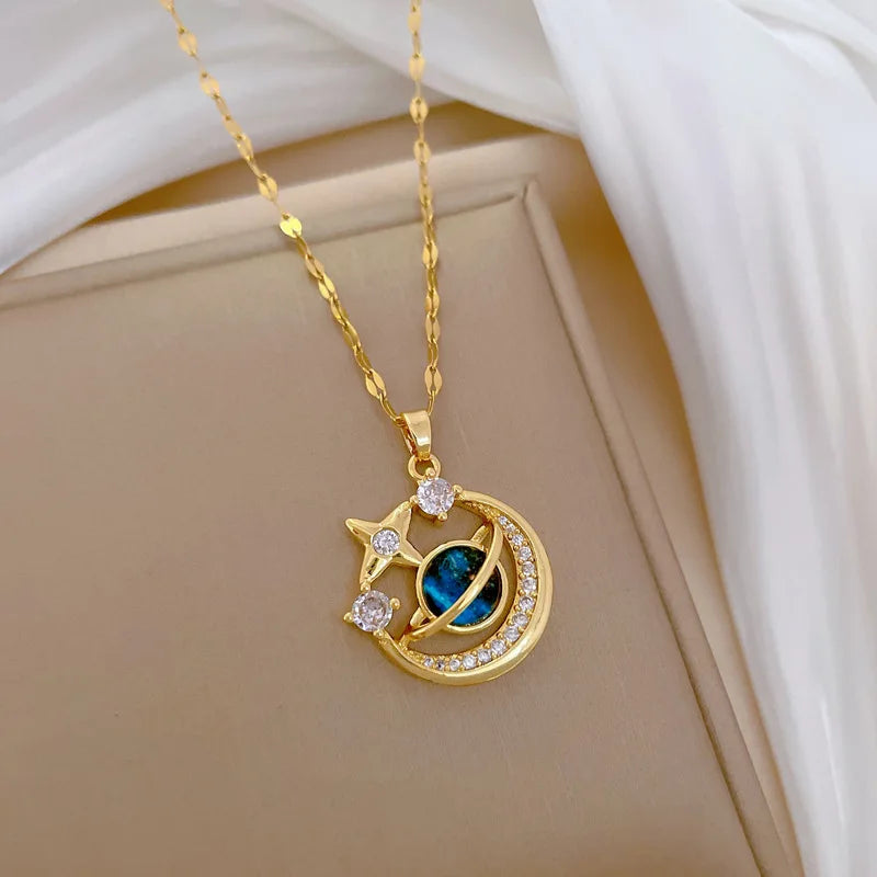 Light Luxury Titanium Steel Star Series Necklace for Women Gold Color Planet Moon Astronaut Pendant Necklaces Jewelry Gifts