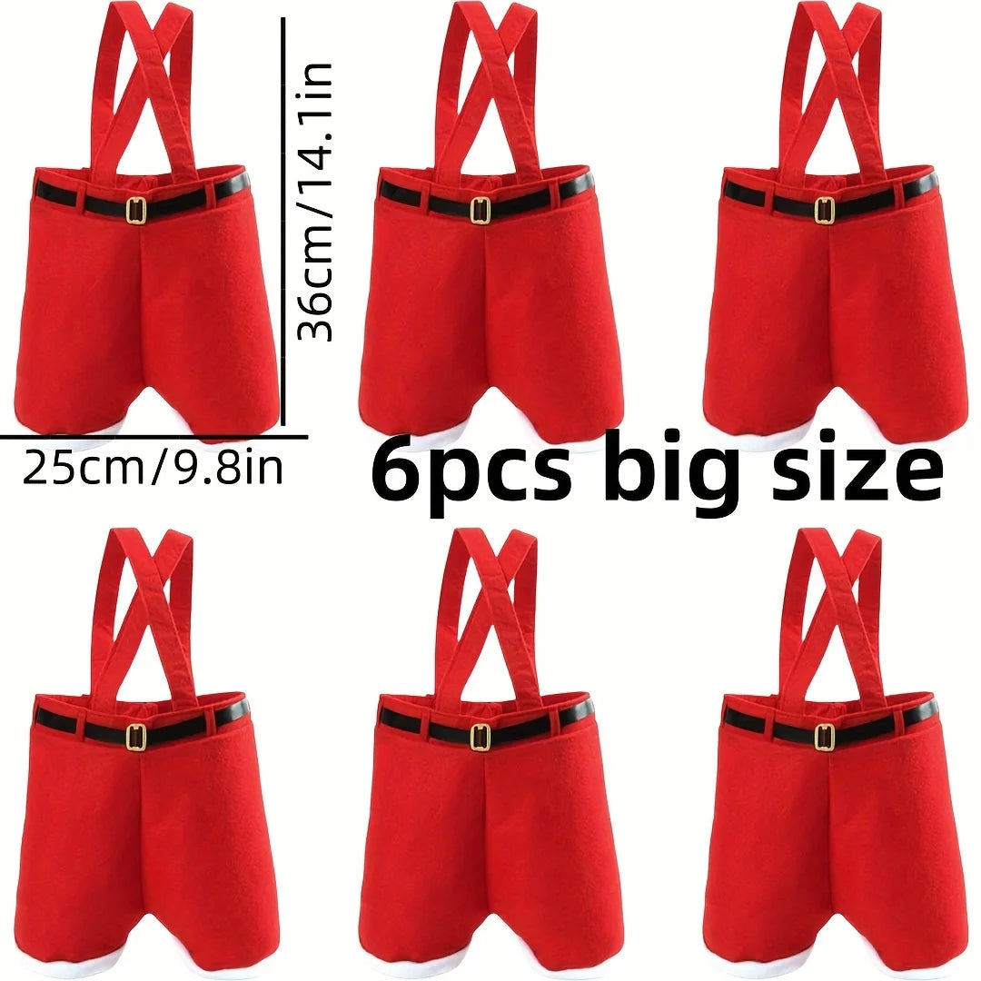 6pcs Festive Red Santa Pants Style Candy Bags, Christmas Reindeer Gift Pouches, Small Size, for New Year & Holiday Gift Wrapping